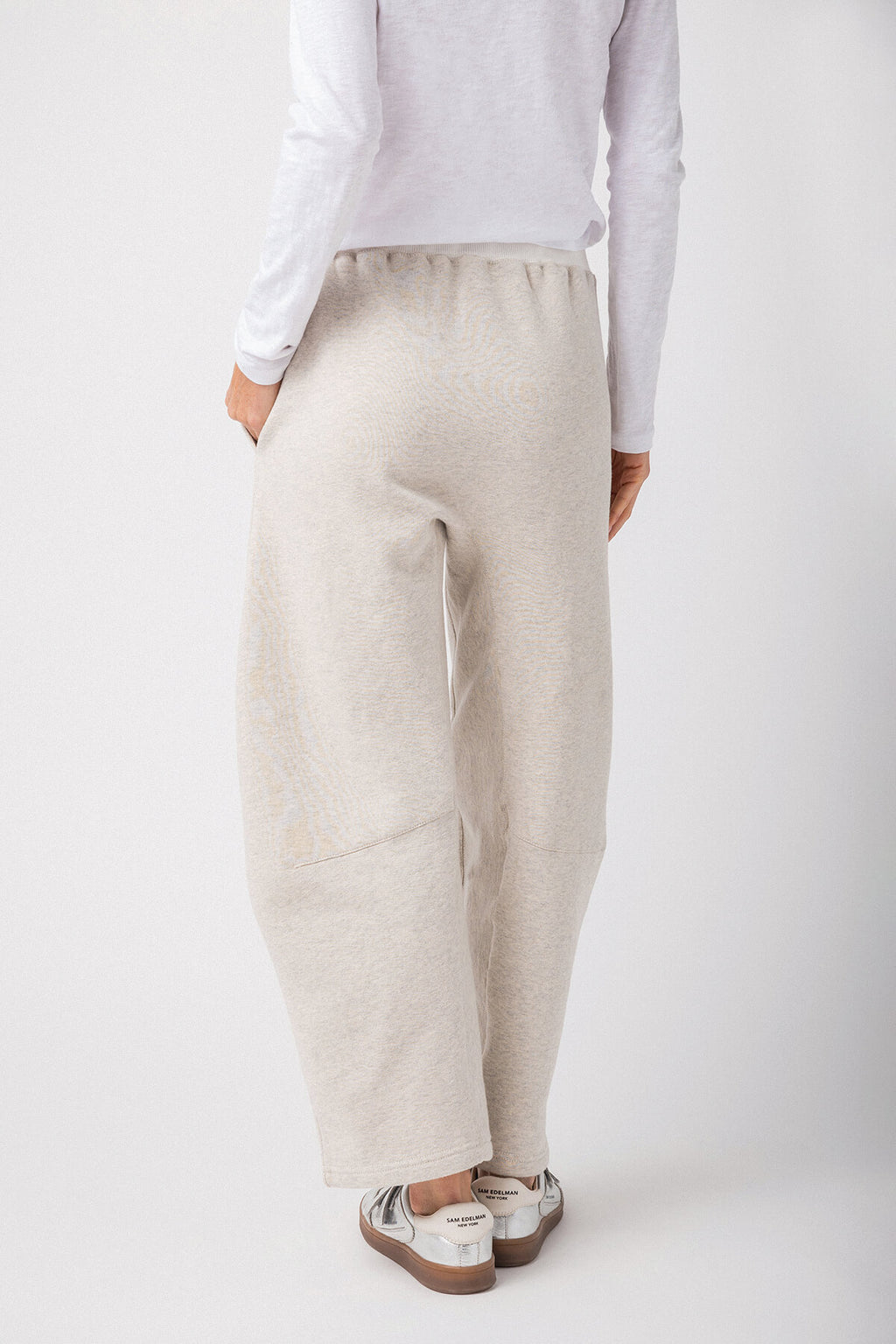 Heather gray back view drawstring sweatpants with elastic waistband and side seam pockets