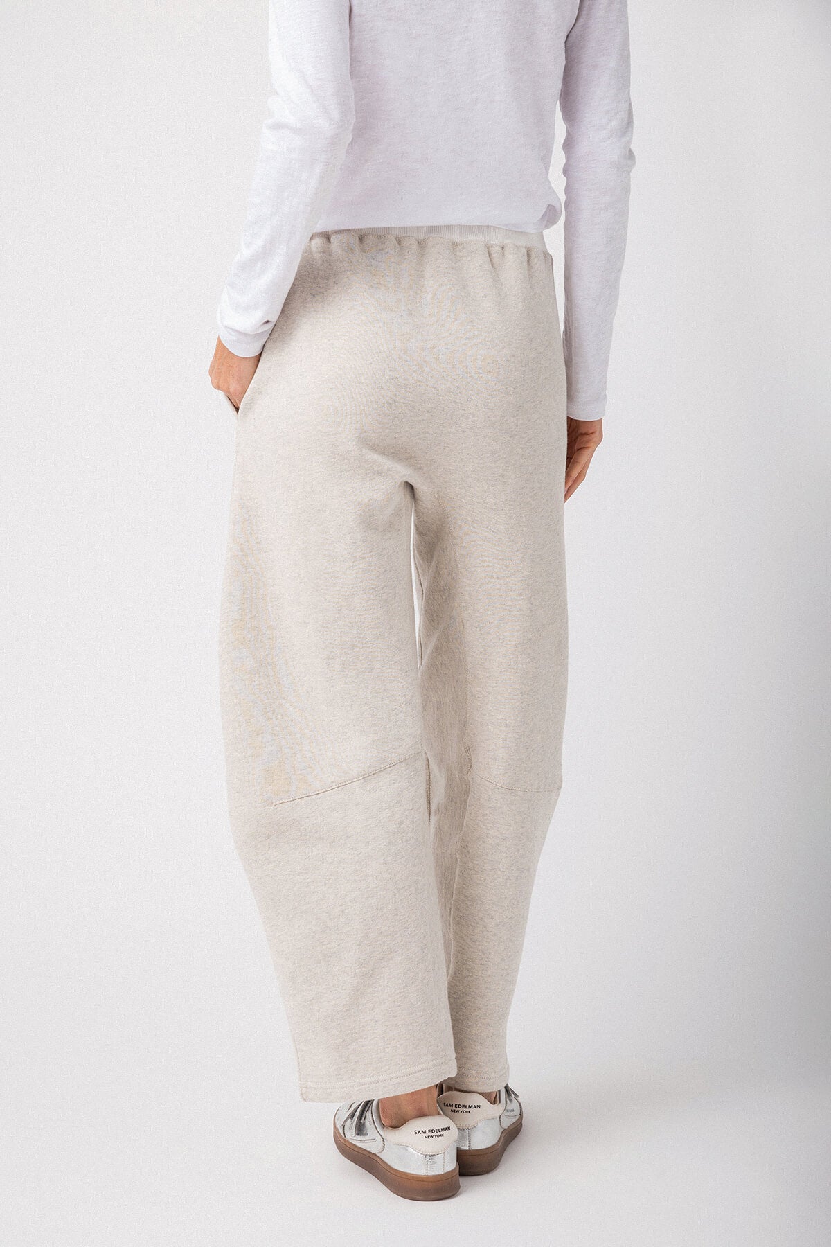Heather gray back view drawstring sweatpants with elastic waistband and side seam pockets