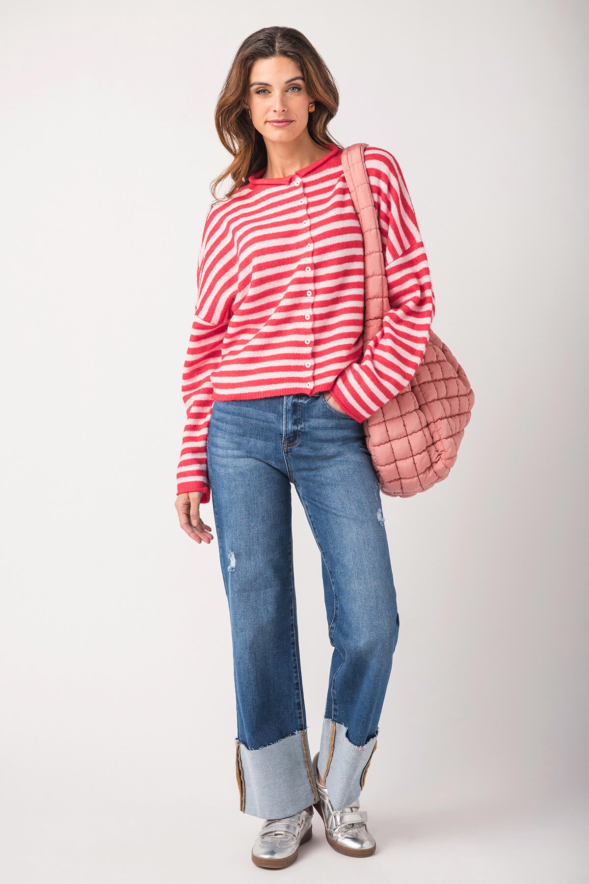 Red-and-white striped button-front cardigan with long sleeves and ribbed hem