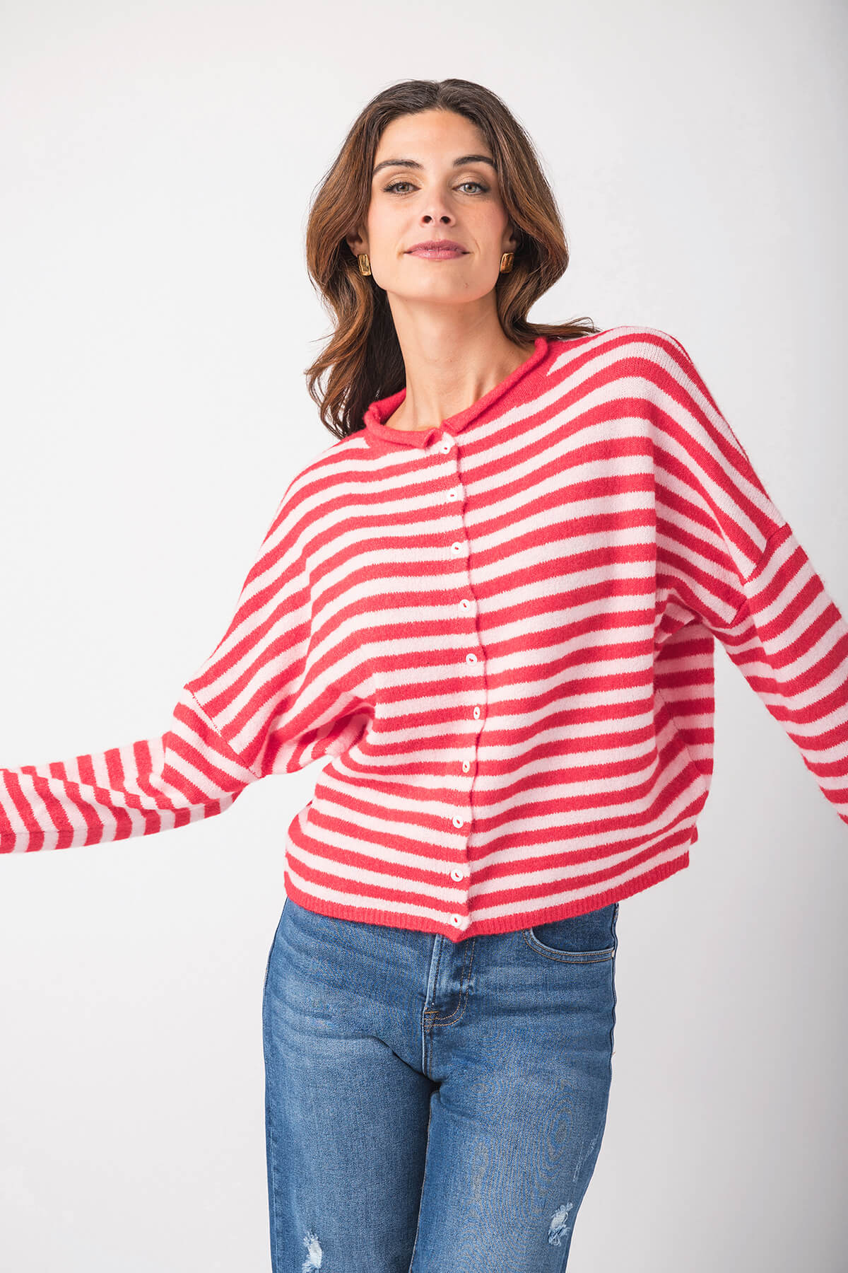 Red-and-white striped button-front cardigan, long sleeves, crew neckline