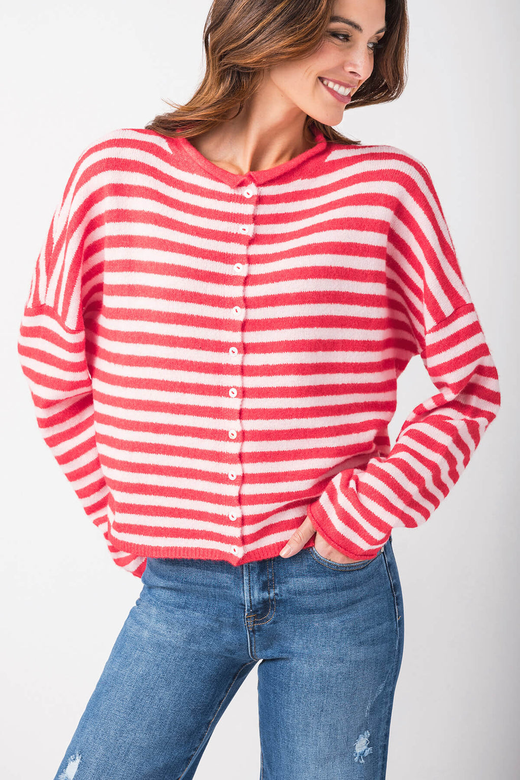 Red-and-white striped button cardigan with long sleeves and front button placket
