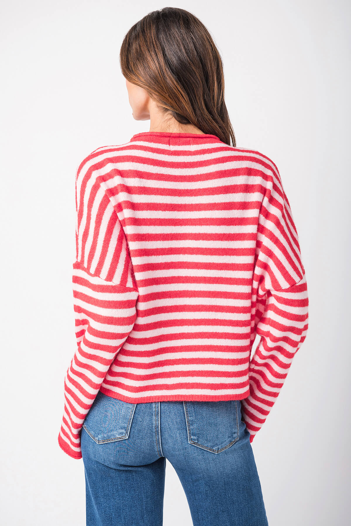 Red-and-white striped cardigan back view with long sleeves and crew neckline