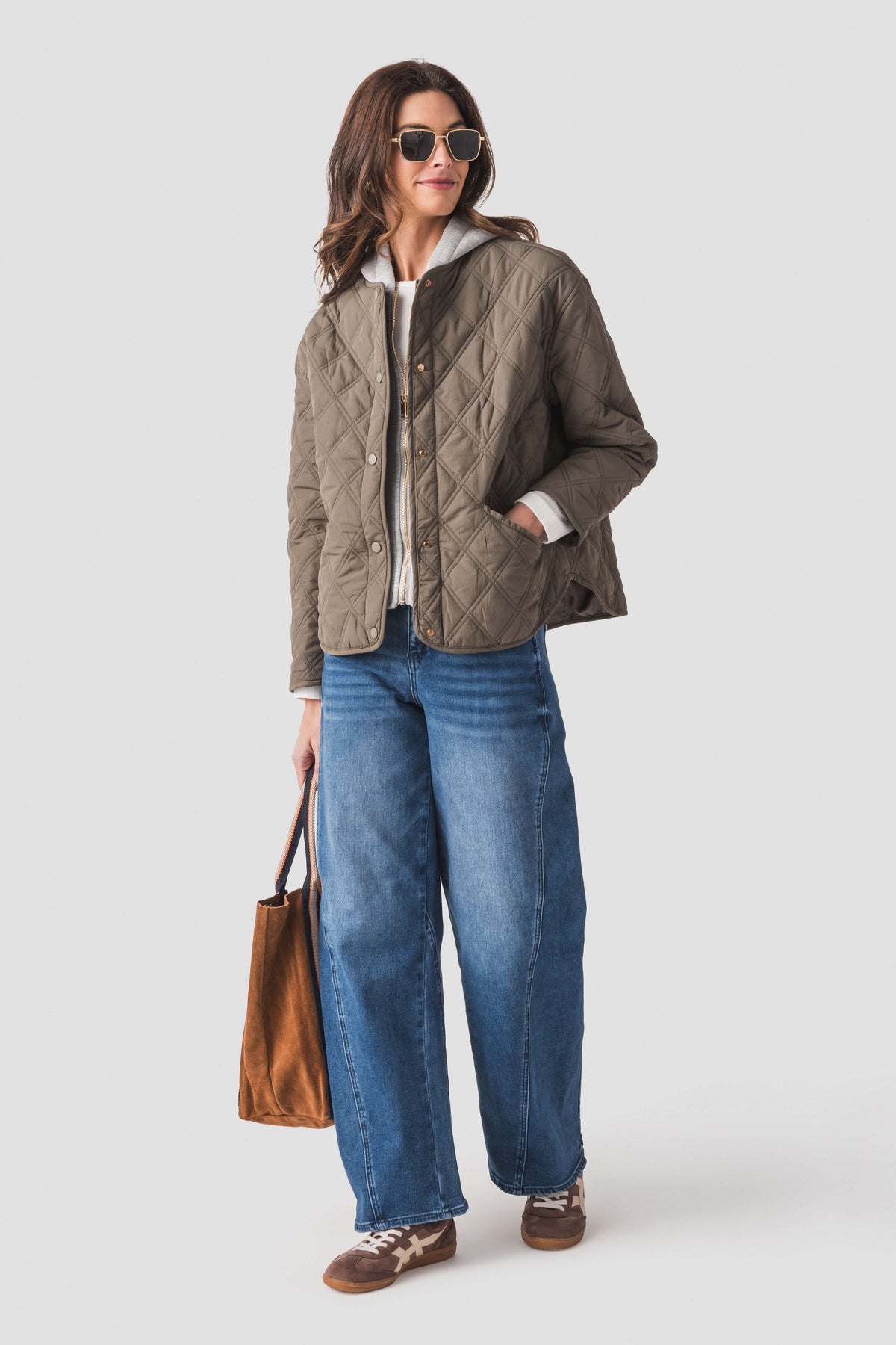 Olive quilted jacket hoodie with front zipper and long sleeves