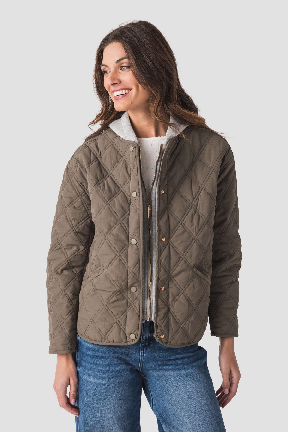 Olive quilted jacket hoodie with front zipper and snap buttons
