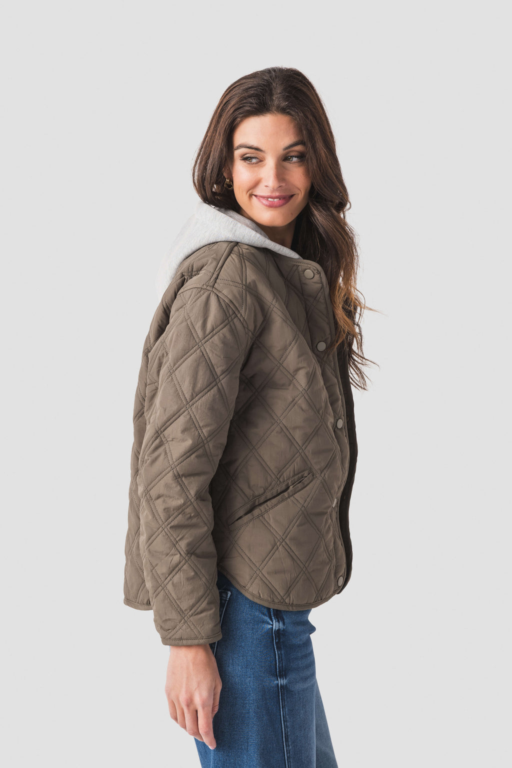 Olive quilted jacket hoodie with diamond stitching and snap placket