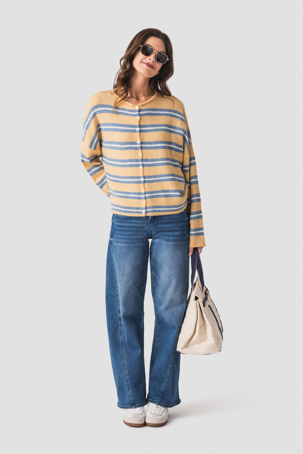 Honey-and-blue striped piper cardigan with long sleeves and button front