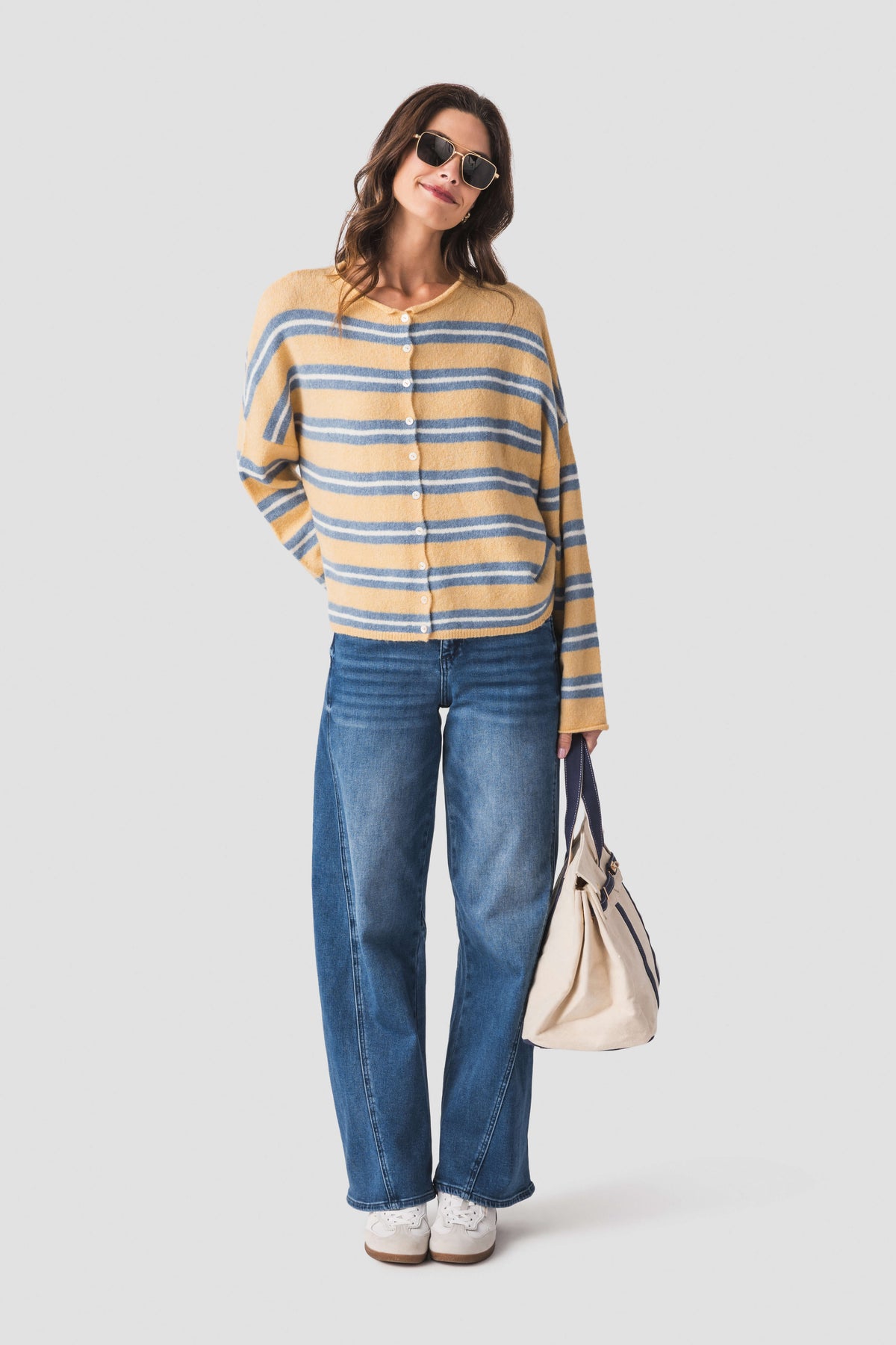 Honey-and-blue striped piper cardigan with long sleeves and button front