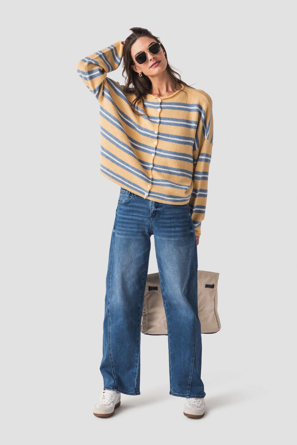 Honey-and-blue striped piper cardigan with button front and crew neckline