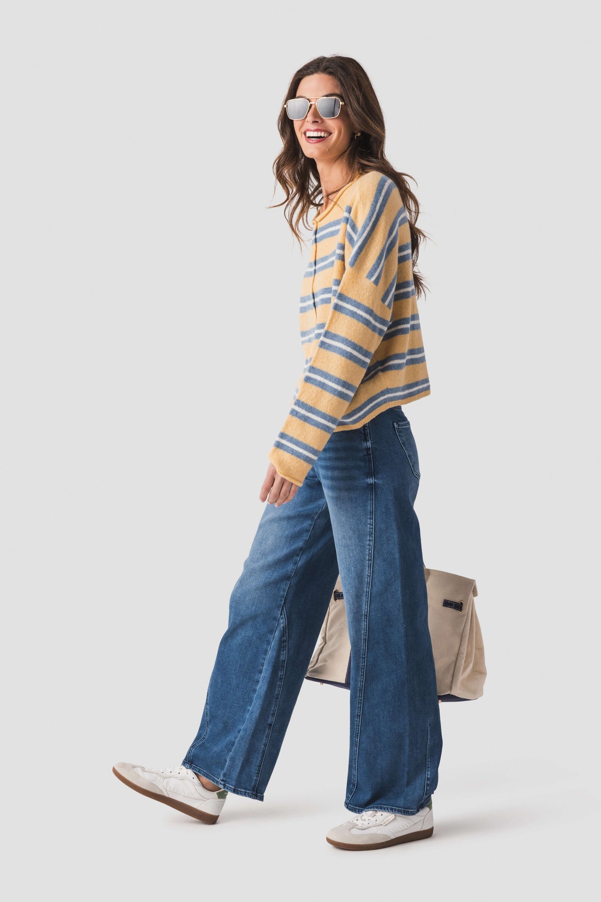 Honey-and-blue striped piper cardigan, long sleeves, button-up front detail