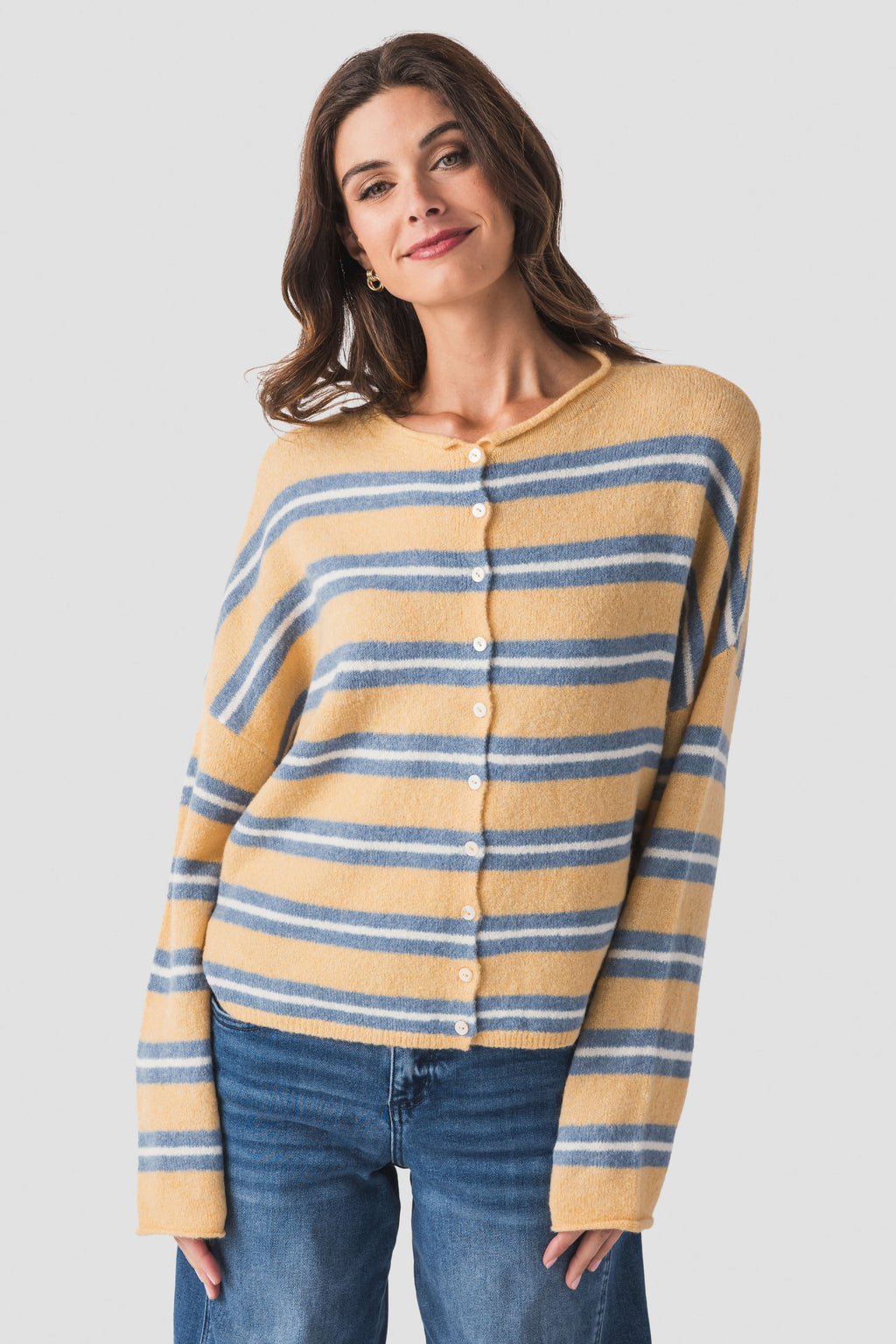 Honey-and-blue striped cardigan with button placket and crew neckline