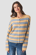 Honey-and-blue striped cardigan with button placket and crew neckline