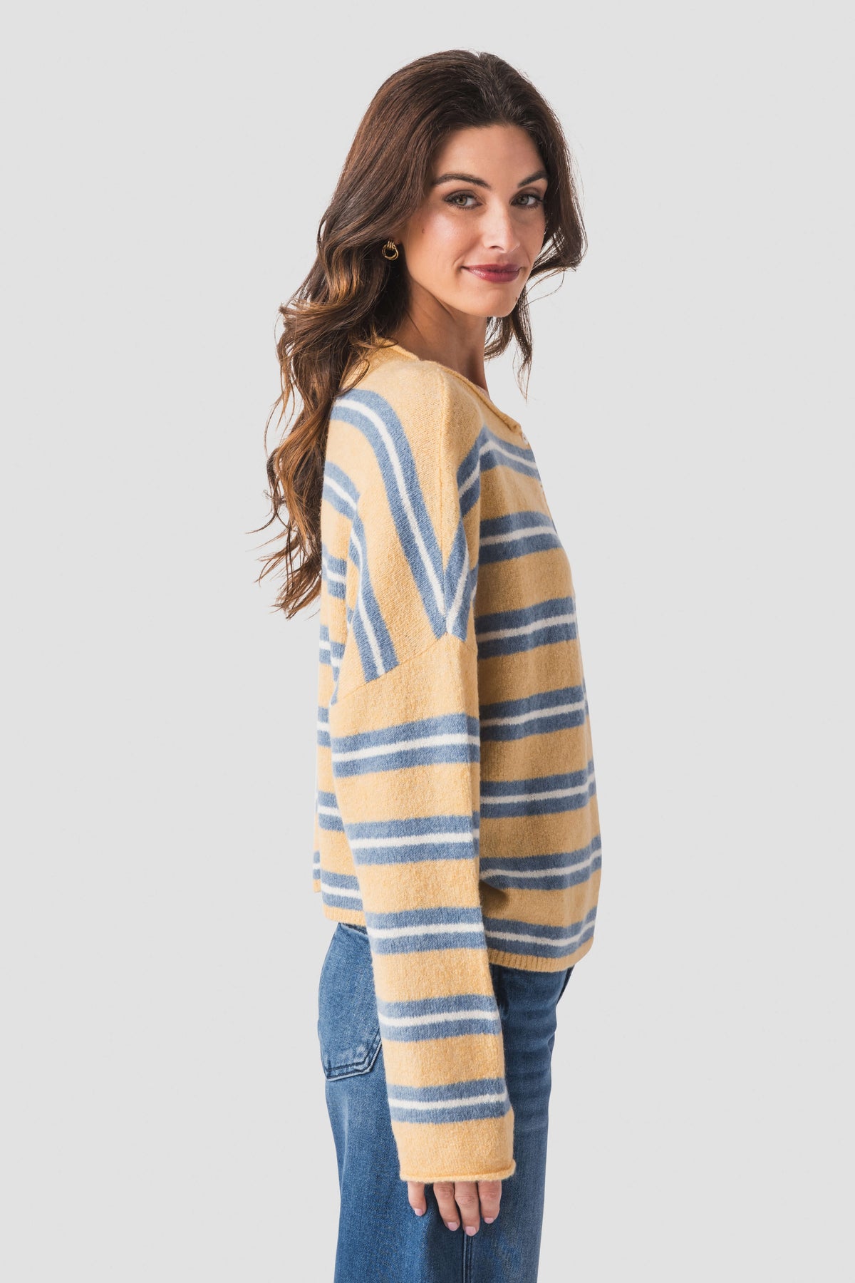 Honey-and-blue striped piper cardigan in long-sleeve knit with buttons