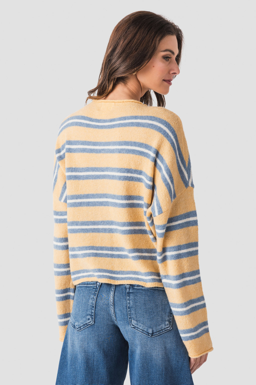 Honey-and-blue striped piper cardigan, back view with long sleeves