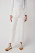 Cream ankle flare jeans with stitched seams, button front and cargo-style pockets