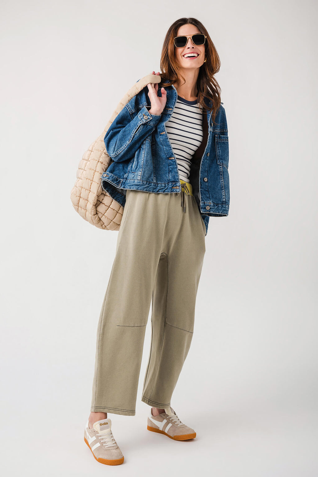 Sage green drawstring wide-leg pants with elastic waist and roomy straight legs