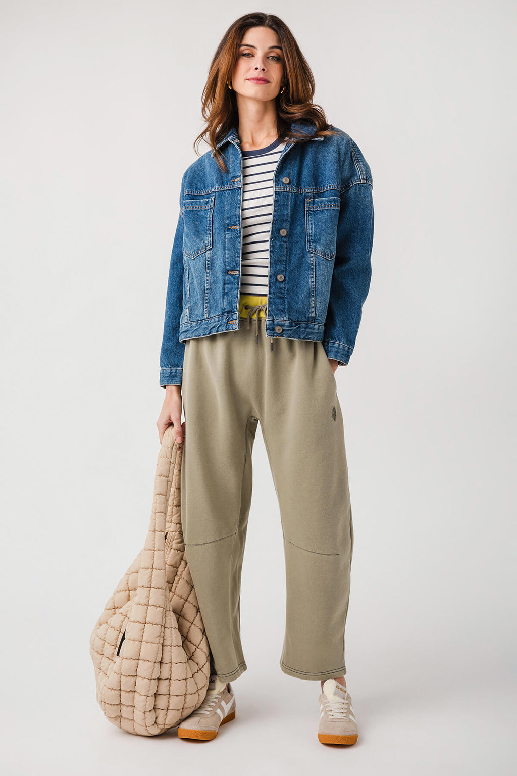 Sage green drawstring sweatpants with relaxed straight legs and side pockets