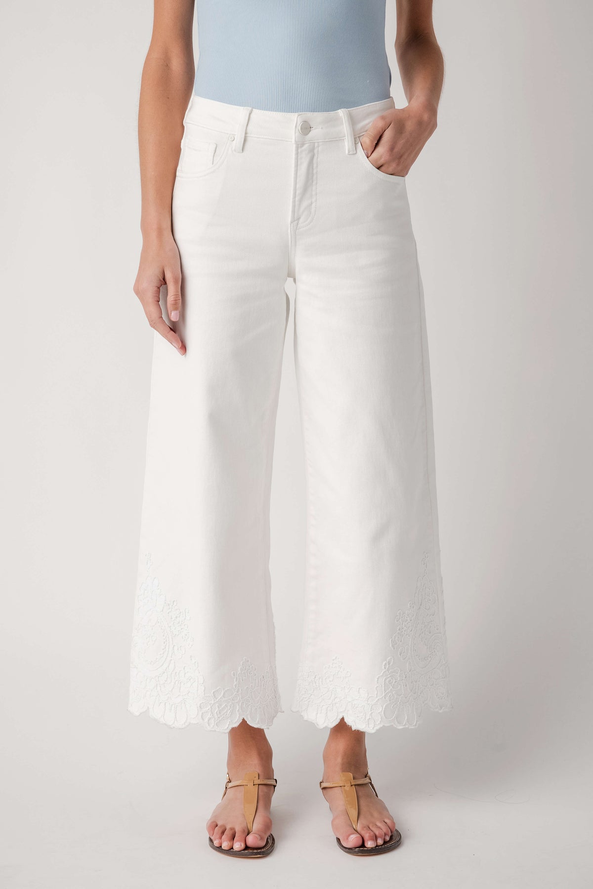 Cream high-rise crop wide-leg pants with lace hem overlay and front pockets