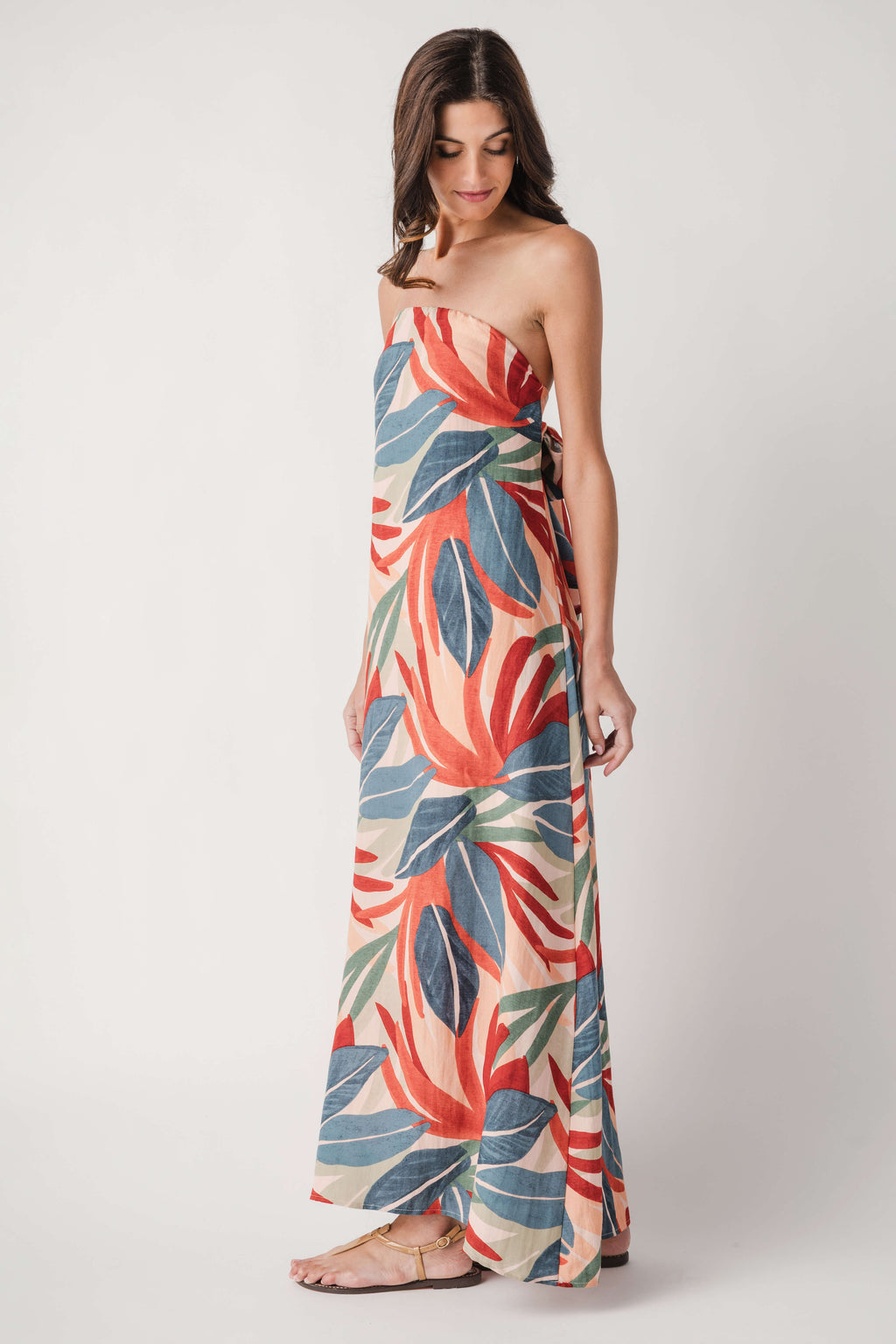 Strapless palm print maxi dress, orange with blue and green tropical leaves