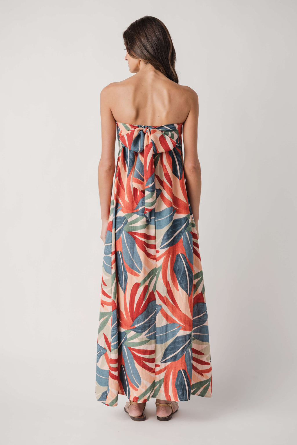 Strapless palm print maxi dress, orange blue green tropical leaves; open back