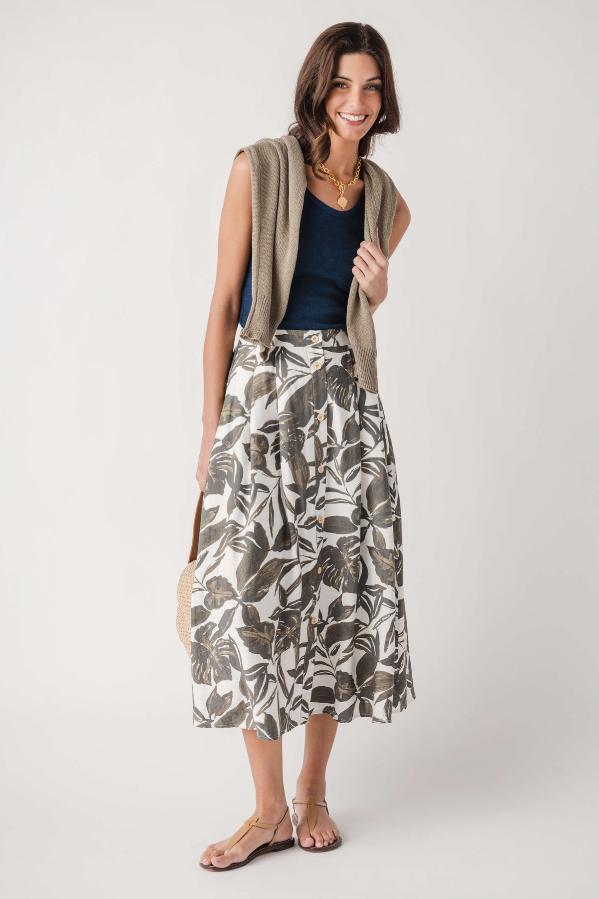 Leaf-print button-front midi skirt with elastic waistband, olive and cream