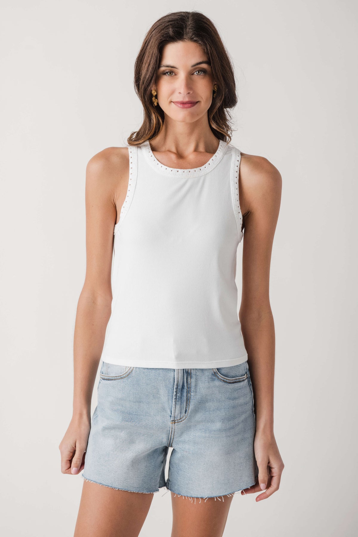 White ribbed scoop-neck tank with short eyelet trim at neckline