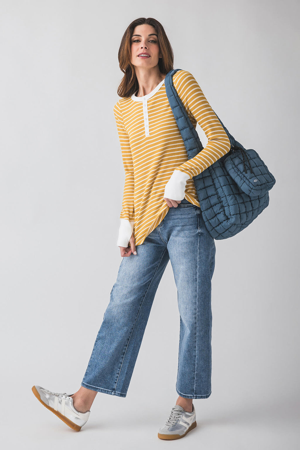 High-rise barrel jeans in medium wash blue, relaxed wide-leg silhouette