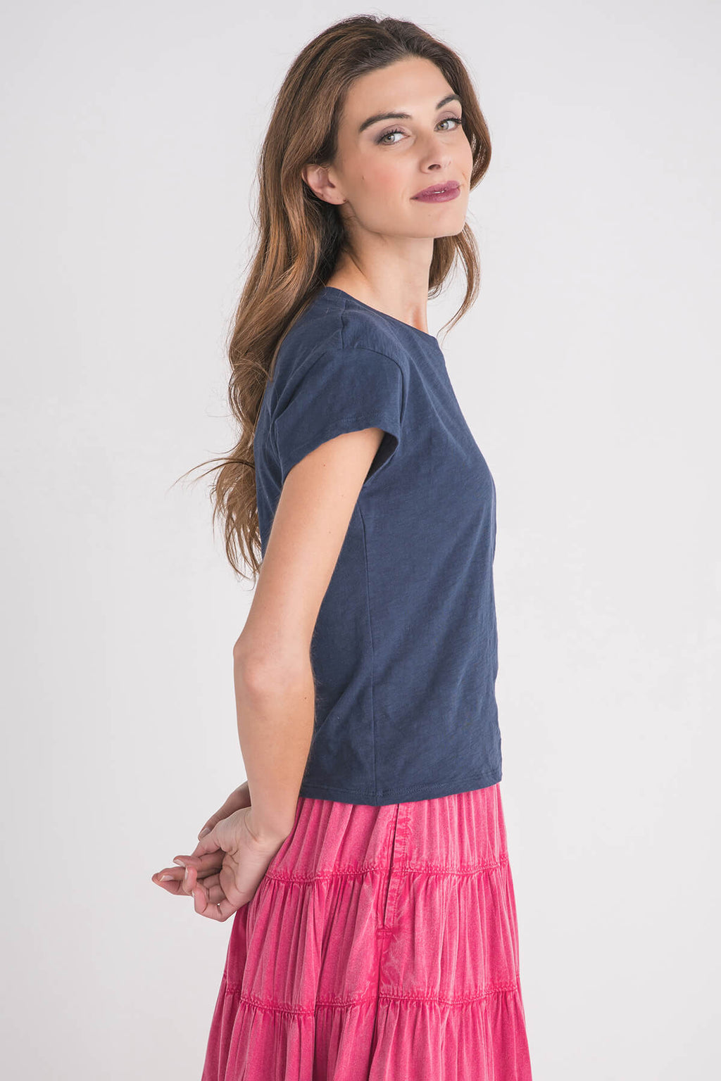 Navy short-sleeve slub tee, side view showing crew neckline and straight hem.