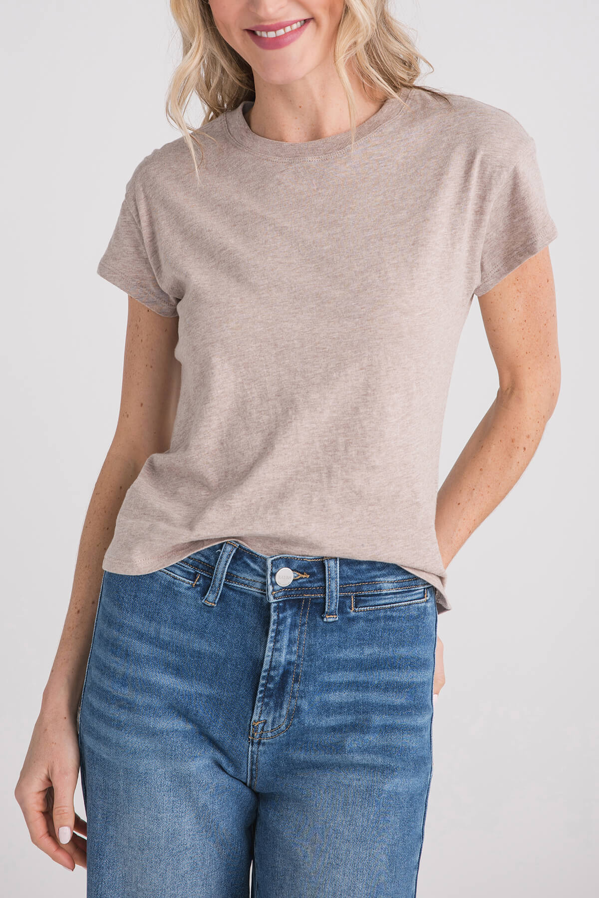 Heather gray short-sleeve slub tee with crew neck and smooth fitted silhouette.