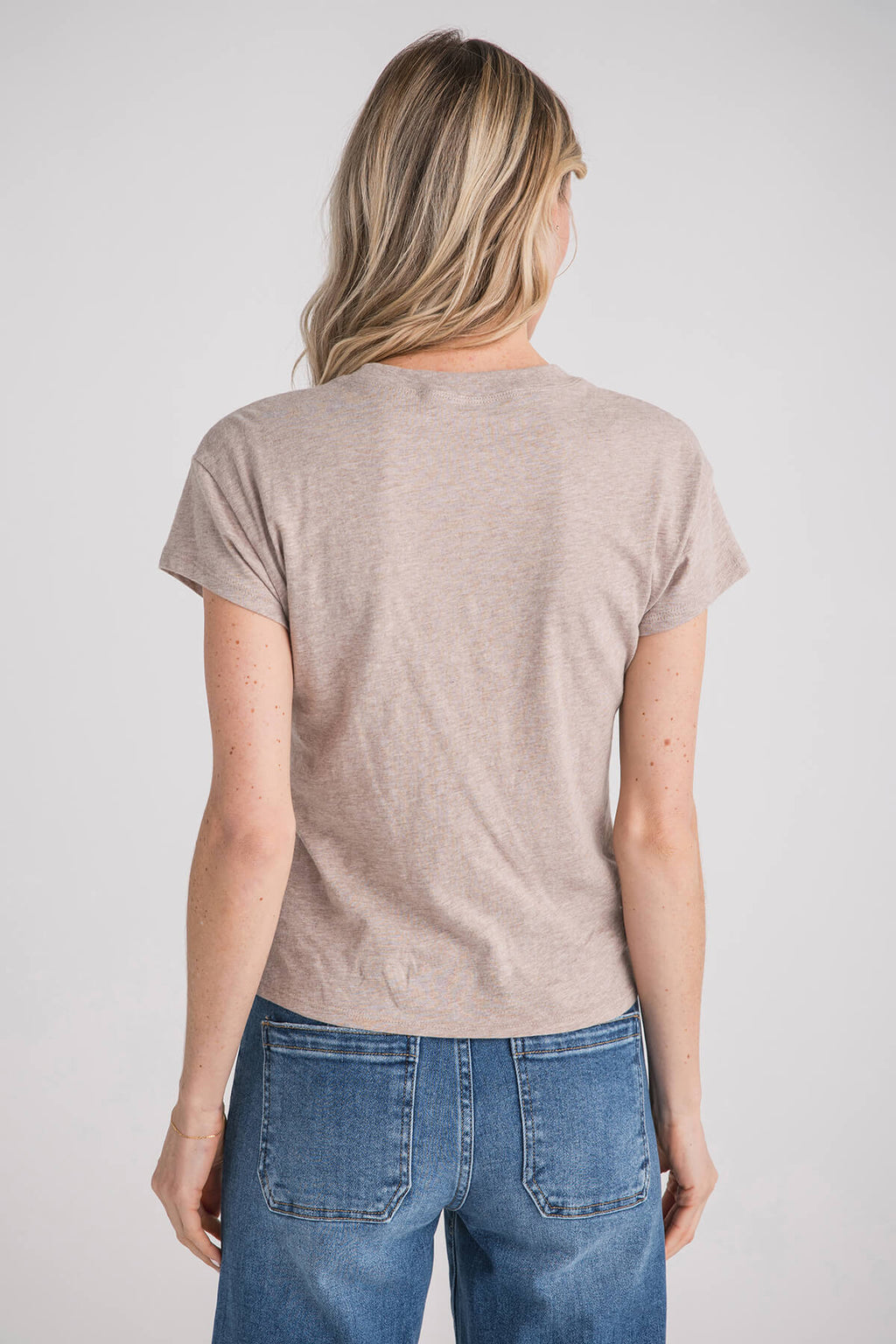 Heather gray short-sleeve slub tee, back view with crew neck and curved hem.
