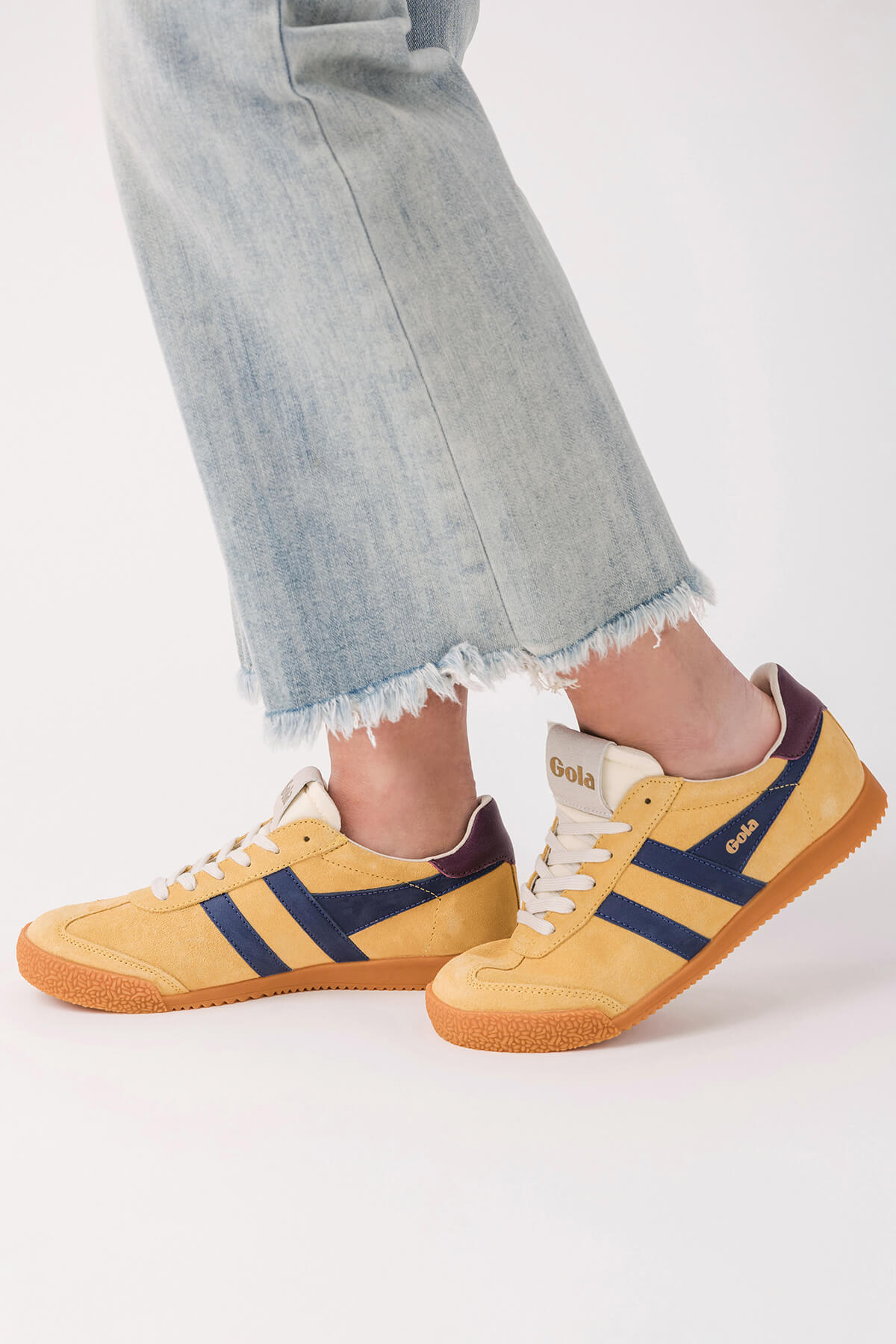 Gola Elan sneakers, tan with navy stripes, lace-up front, gum sole