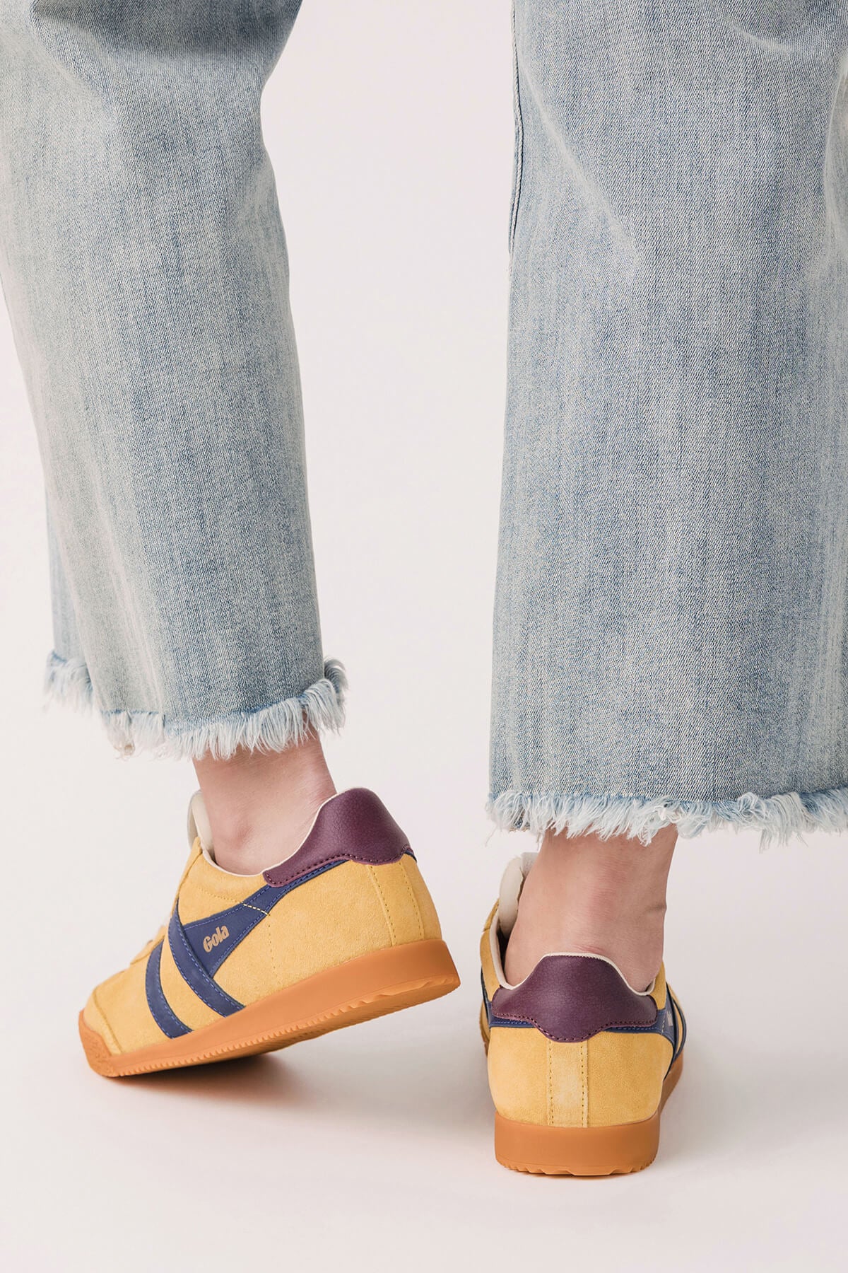 Gola Elan sneakers, tan with navy stripes and maroon heel, gum sole