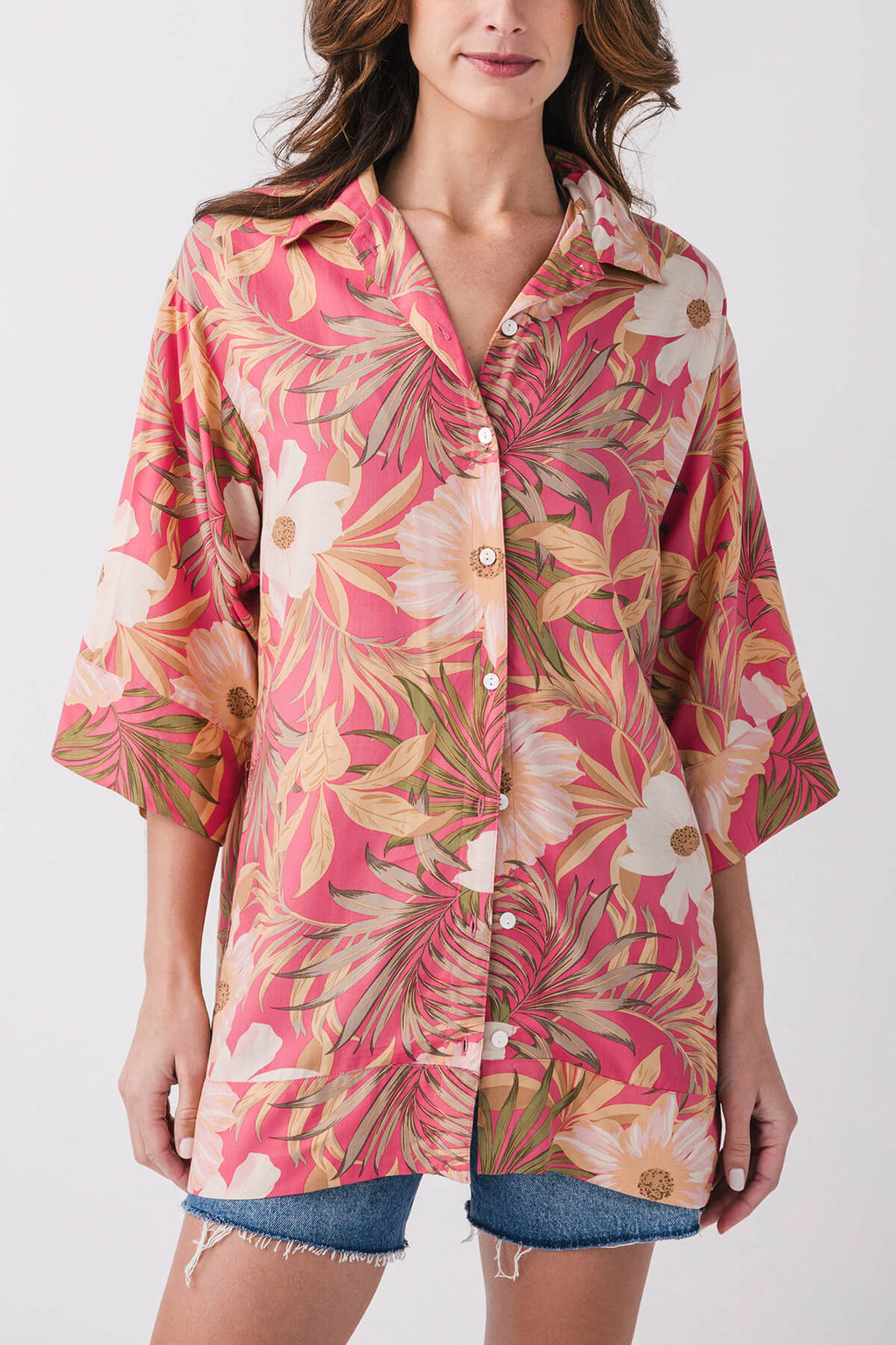 Pink tropical floral mini dress, button-front, collar, 3/4 sleeves