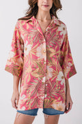 Pink tropical floral mini dress, button-front, collar, 3/4 sleeves