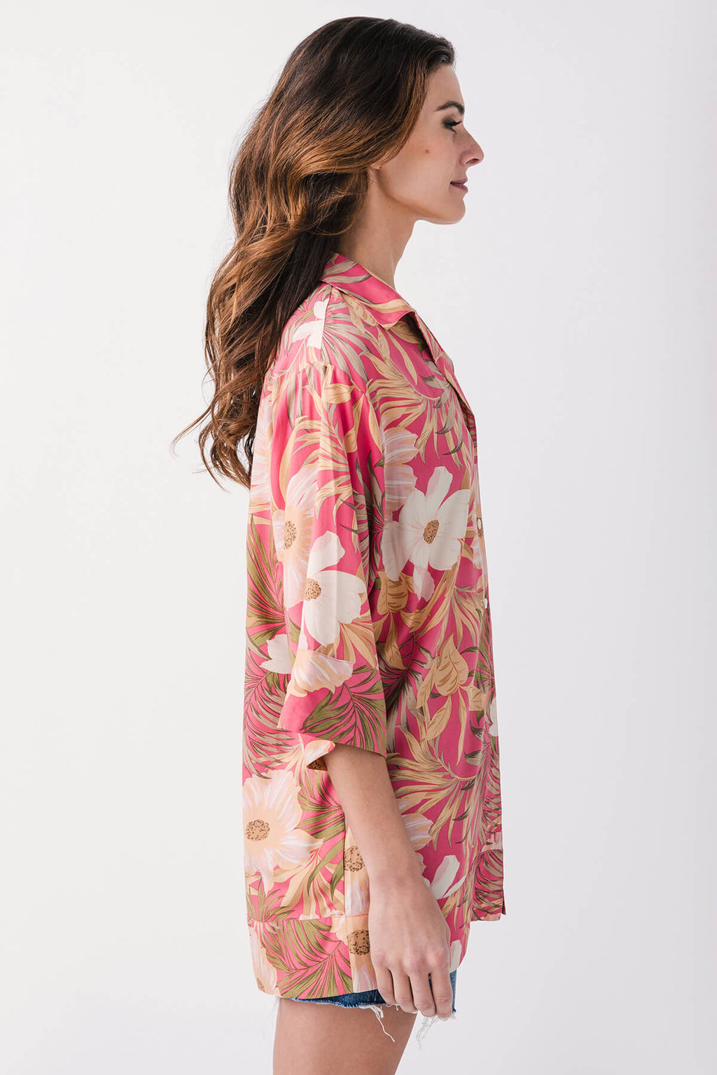 Pink tropical floral mini dress, button placket, collar, 3/4 sleeve side view