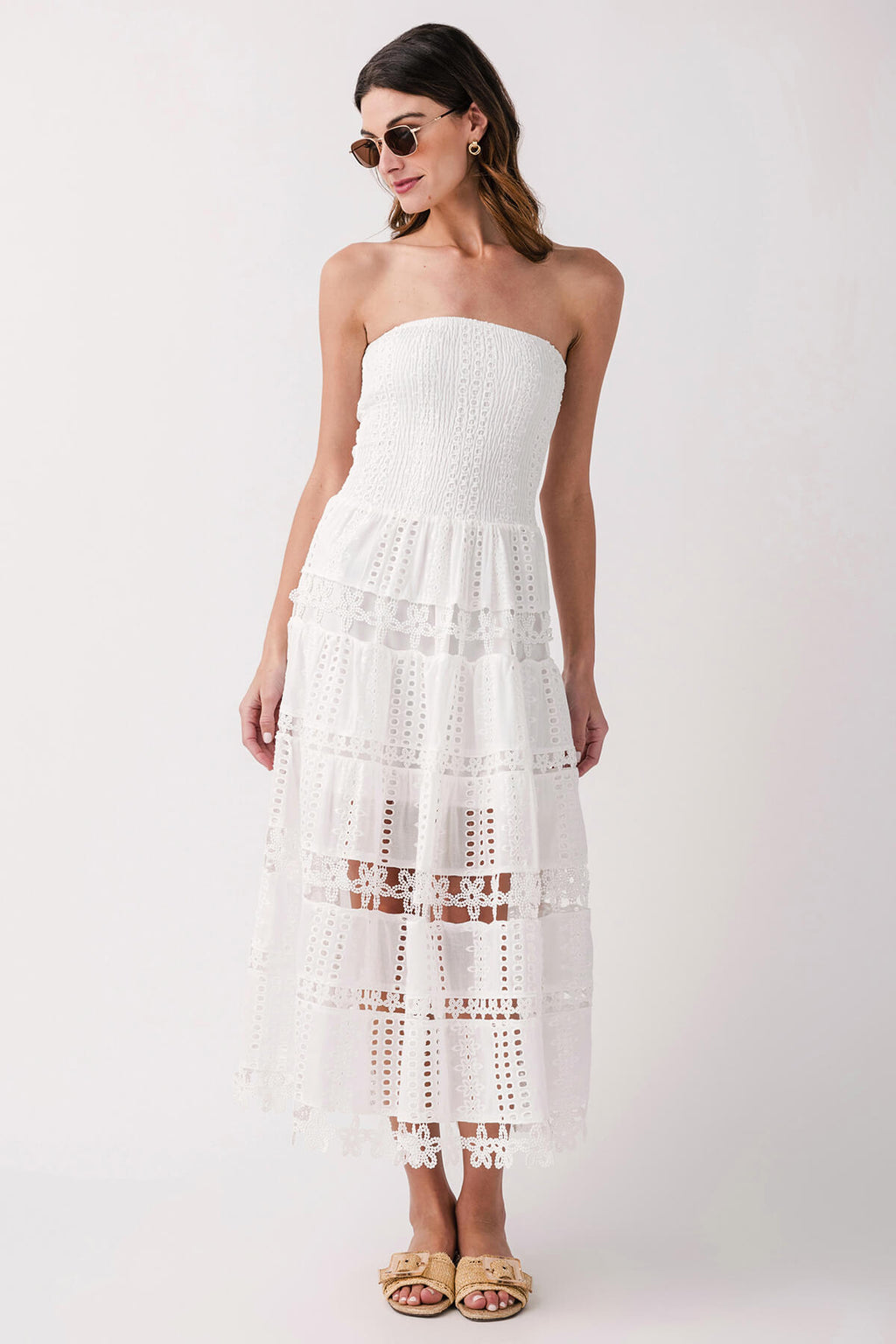 White strapless tube dress with tiered eyelet lace and scalloped hem