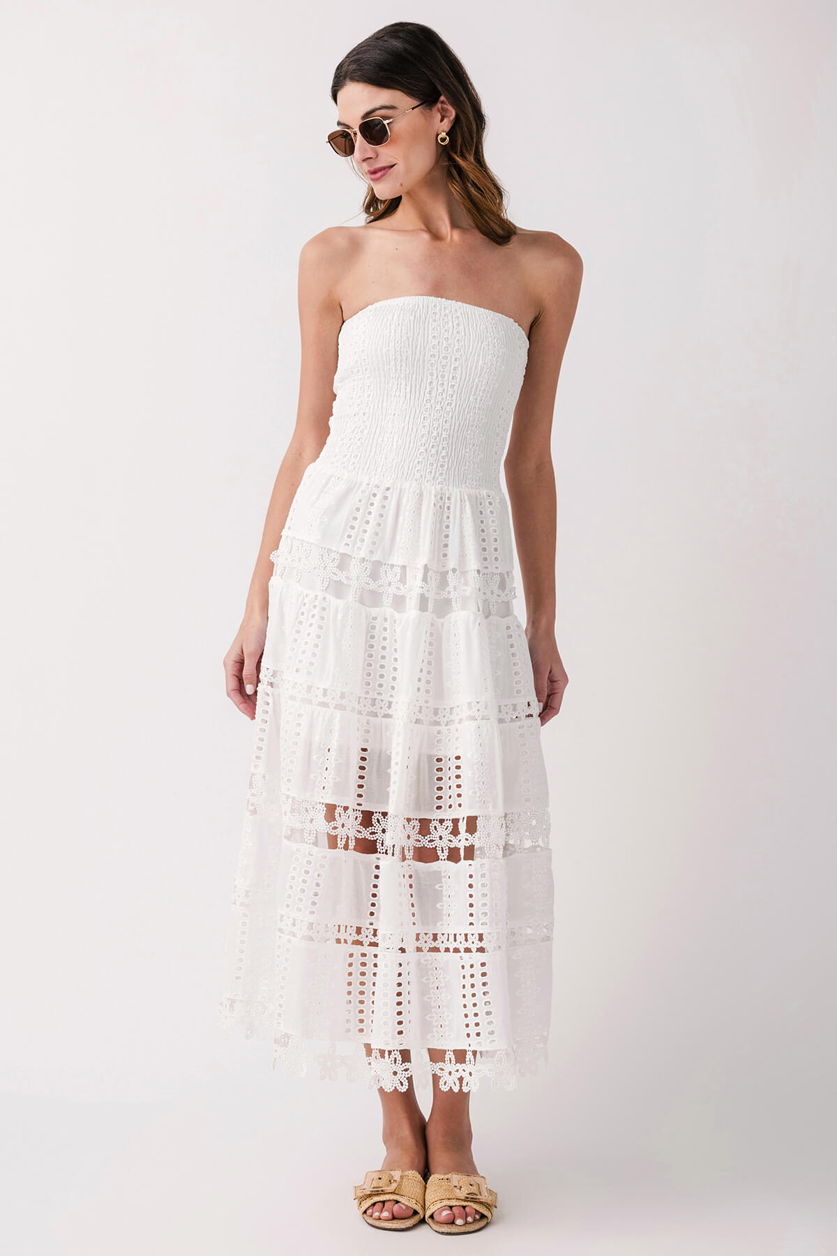 White strapless tube dress with tiered eyelet lace and scalloped hem