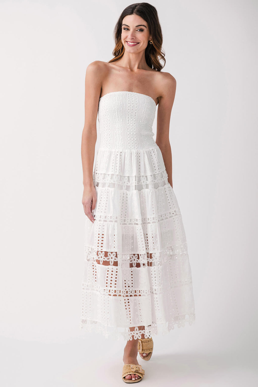White strapless eyelet lace tube dress with tiered layers and scalloped hem