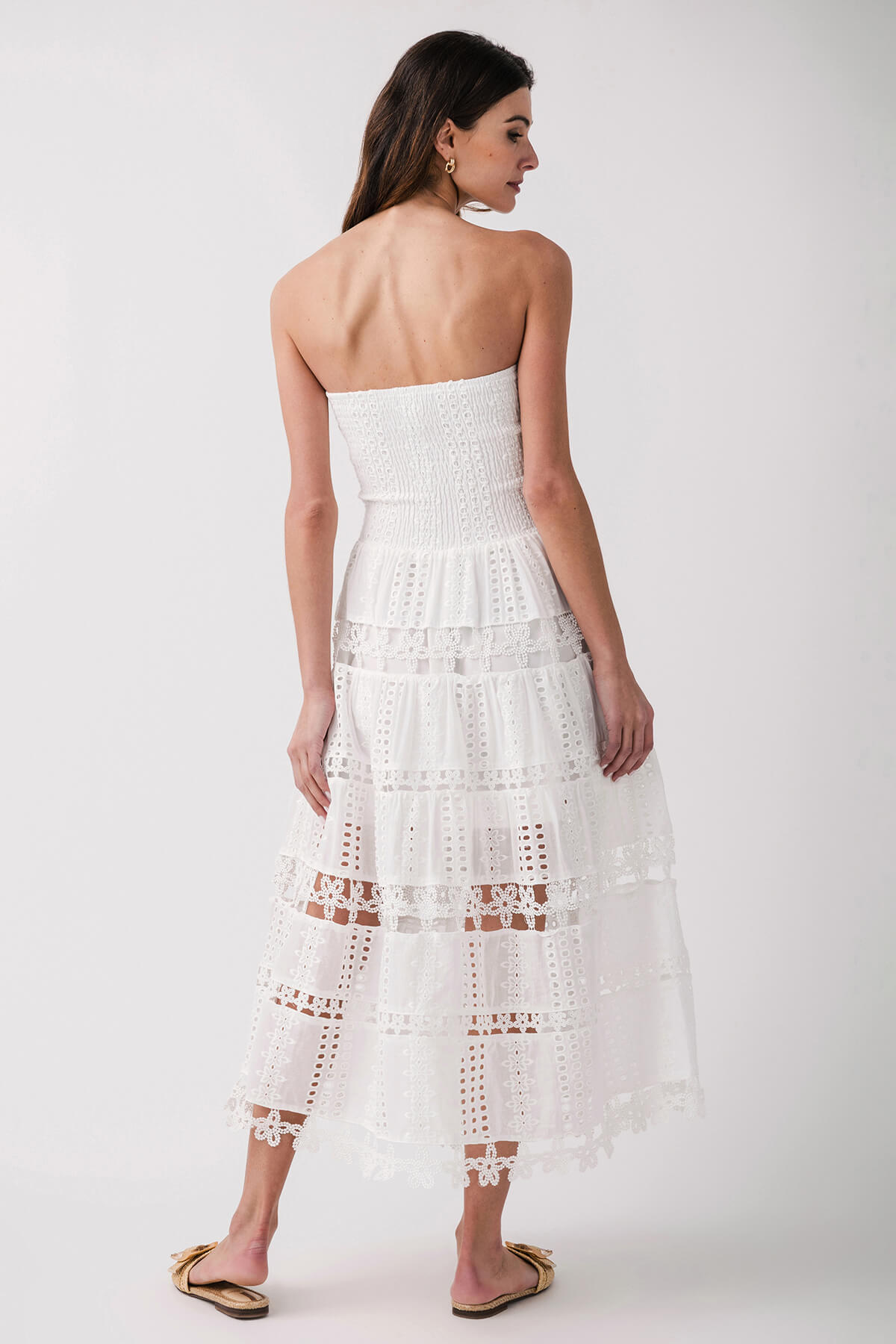 White strapless tube dress from back view, tiered eyelet lace with scalloped trim