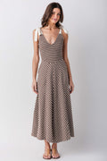 Sleeveless V-neck striped midi dress with flared skirt in cream and dark brown