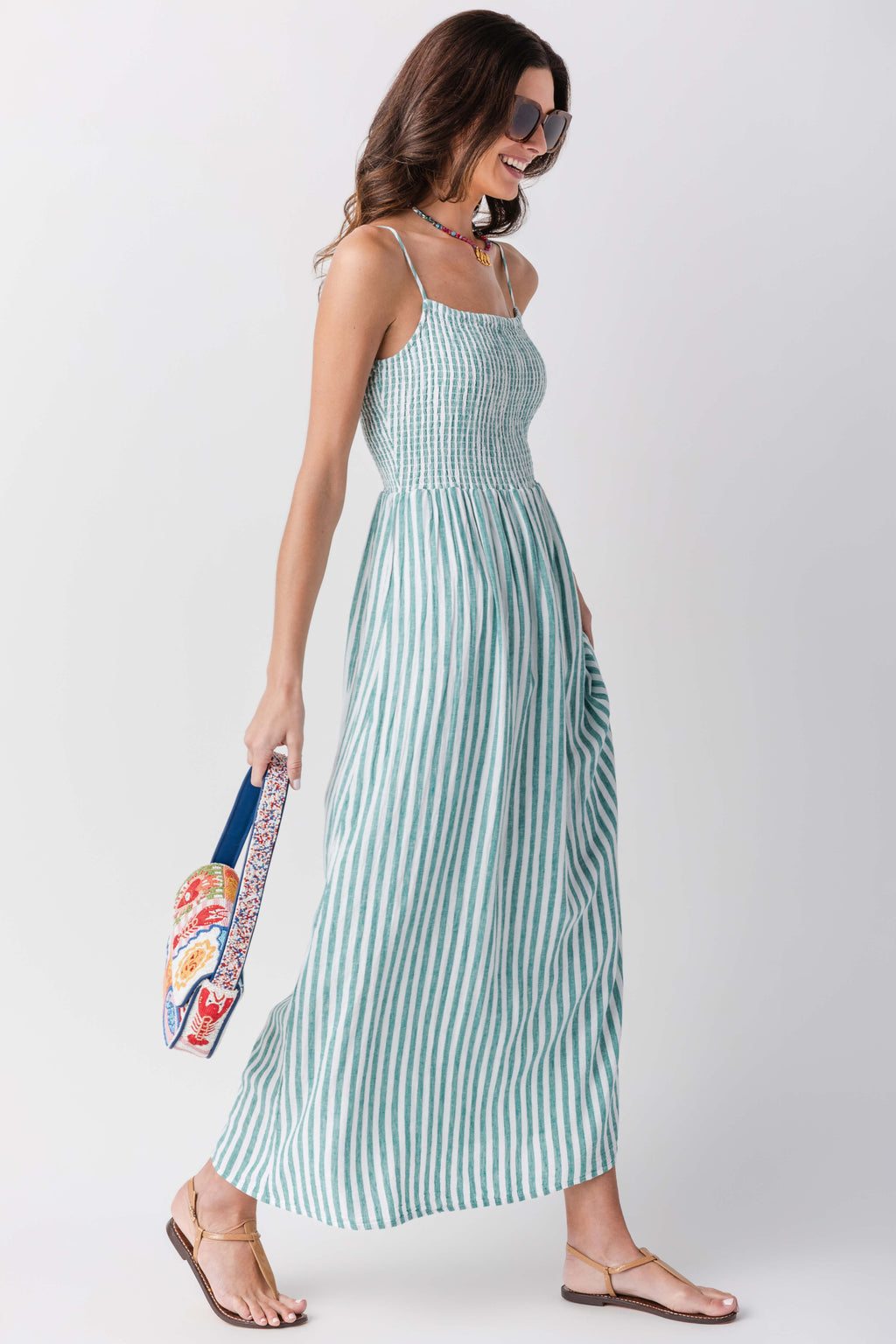 Women’s blue-teal striped midi dress, square neckline, sleeveless with gathered skirt