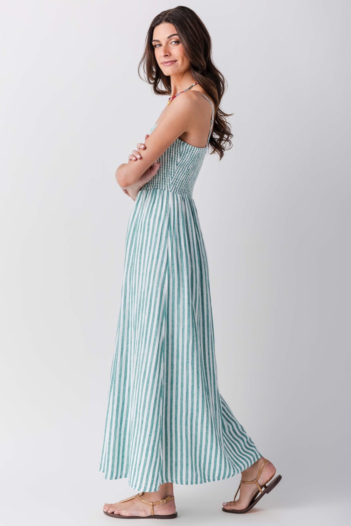 Women’s striped midi dress, sleeveless with square neckline and gathered skirt in blue-teal stripes