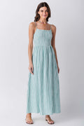 Women’s striped midi dress in blue-teal vertical stripes, sleeveless square neckline, gathered waist