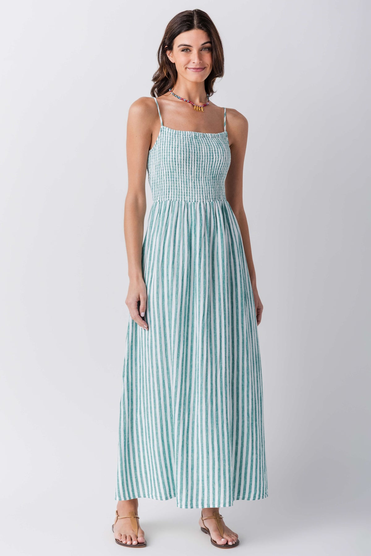 Women’s striped midi dress in blue-teal vertical stripes, sleeveless square neckline, gathered waist
