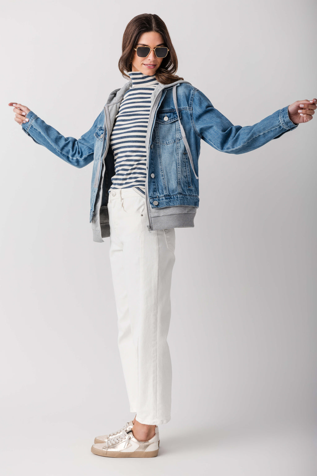 Blue denim sweatshirt jacket with gray hood, button front, and full back view