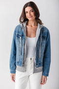 Blue denim sweatshirt jacket with gray hood, open front, and visible inner layering