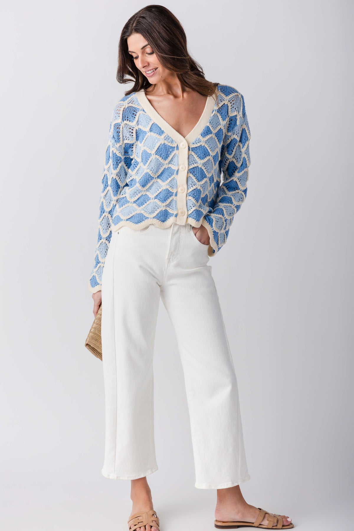 High-rise barrel jeans in white denim with straight wide legs and patch back pockets