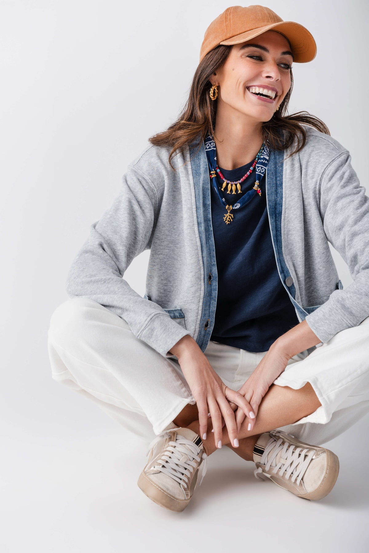 Blue bandana scarf necklace with gold-tone charm pendant and tie