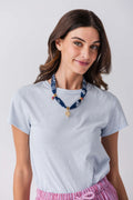 Blue bandana scarf necklace with gold-tone charms