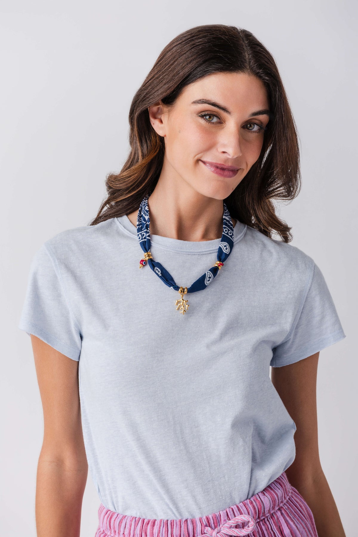 Blue bandana scarf necklace with gold-tone charms