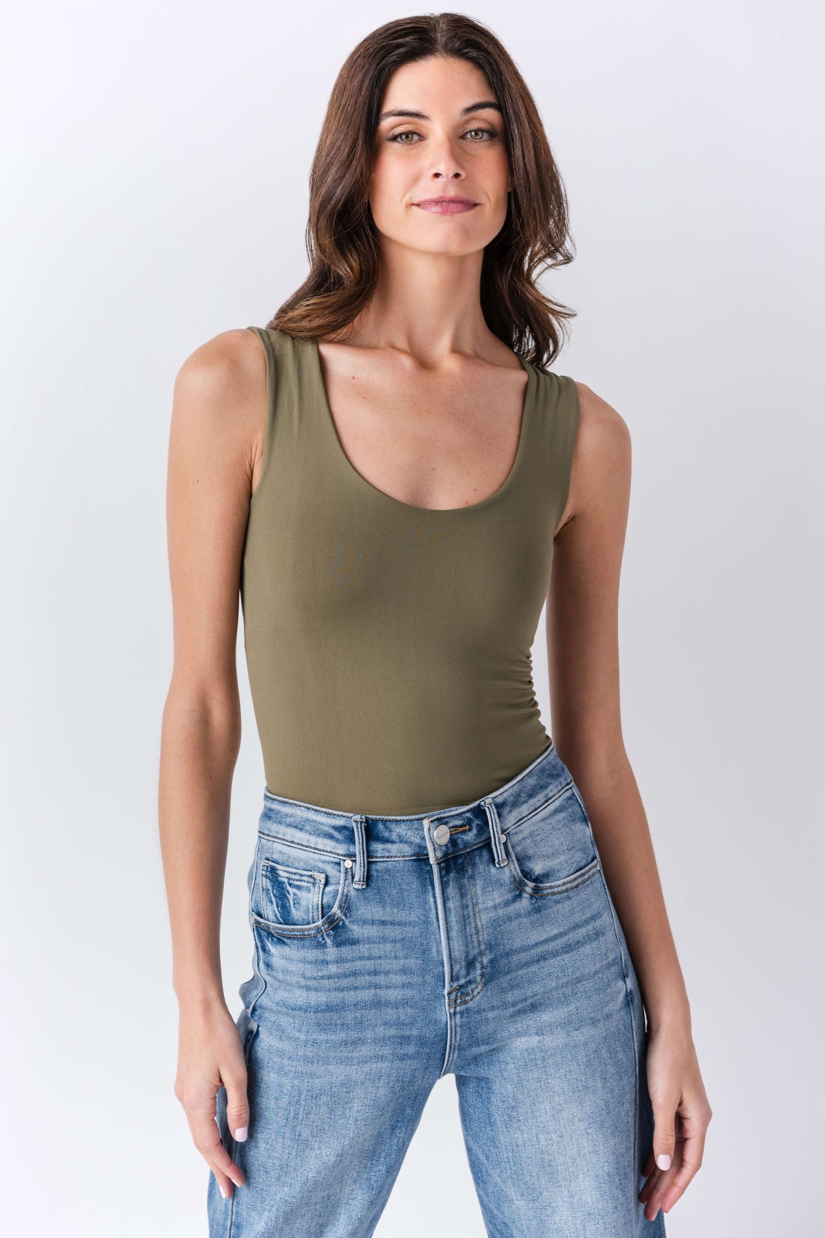 Olive scoop-neck muscle cami tank top, sleeveless with fitted clean lines